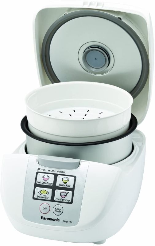 Photo 1 of Panasonic 5 Cup (Uncooked) Rice Cooker with Fuzzy Logic and One-Touch Cooking for Brown Rice, White Rice, and Porridge or Soup – 1.0 Liter – SR-DF101 (White)
