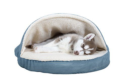 Photo 1 of FurHaven Pet Dog Bed Orthopedic Round Faux Sheepskin Snuggery Burrow Pet Bed for Dogs & Cats, Blue, 26-Inch
