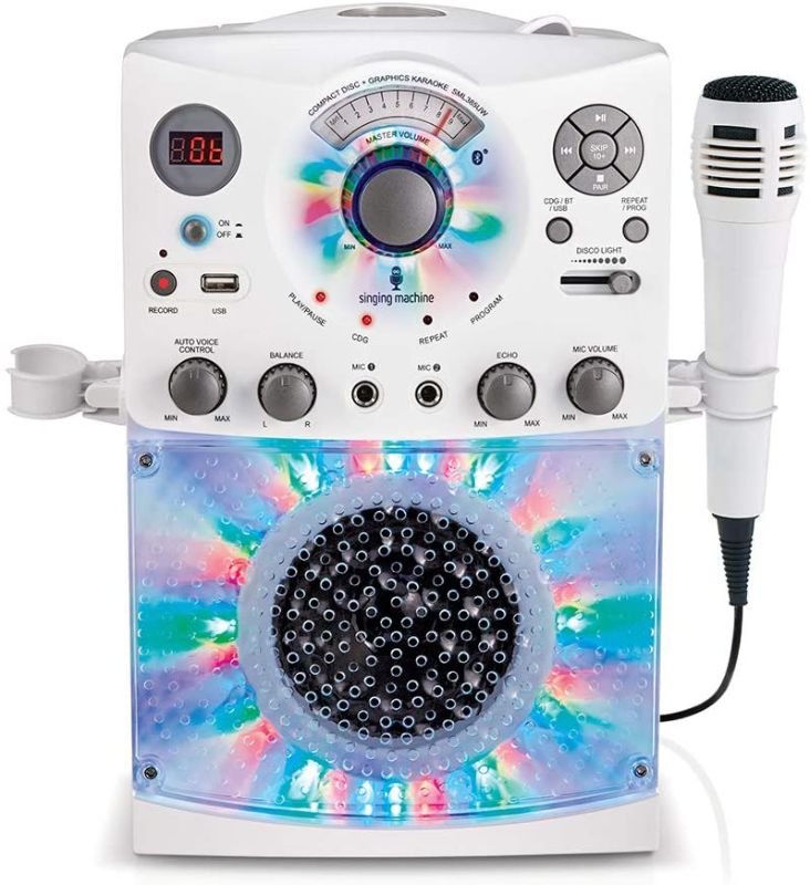 Photo 1 of Singing Machine SML385UW Bluetooth Karaoke System with LED Disco Lights, CD+G, USB, and Microphone, White