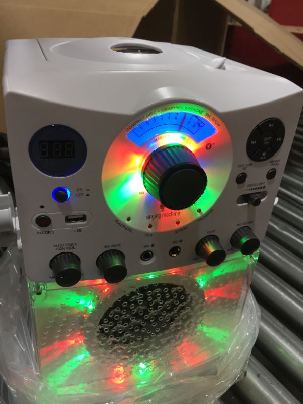 Photo 2 of Singing Machine SML385UW Bluetooth Karaoke System with LED Disco Lights, CD+G, USB, and Microphone, White