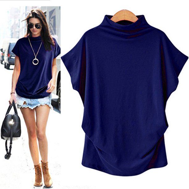 Photo 1 of Homgood Women Turtleneck Short Sleeve Cotton Solid Casual Blouse Top T Shirt, BLUE, SIZE 5XL NON US SIZING