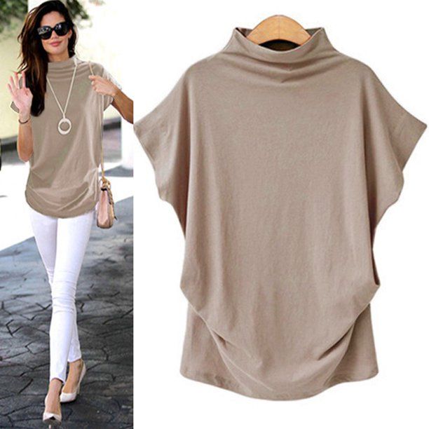 Photo 1 of Homgood Women Turtleneck Short Sleeve Cotton Solid Casual Blouse Top T Shirt, BEIGE, SIZE 5XL NON US SIZING