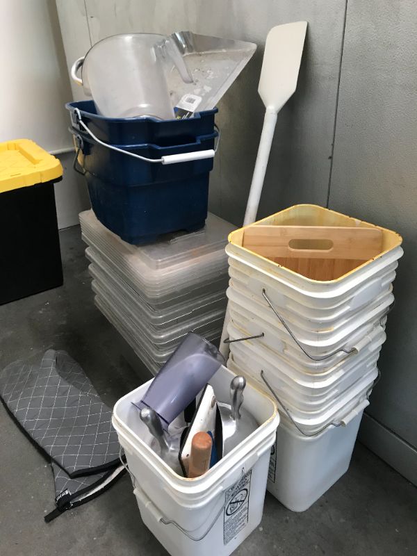 Photo 1 of Mixed Storage Bins and Buckets Scoops and Gloves