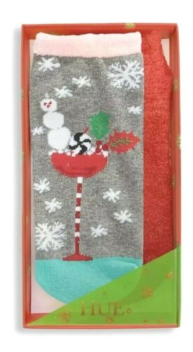 Photo 2 of NWT HUE 2-pack Footsie Socks Gift Box Snowman Cocktail Christmas Holiday