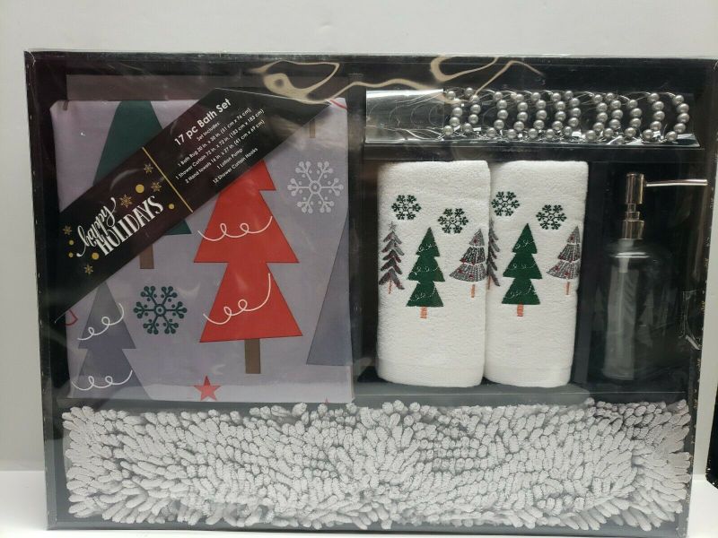 Photo 1 of 17 pc Bath Set HAPPY HOLIDAYS GIFT SET 
The set includes; bath rug, shower curtain, 2 hand towels, lotion pump shower hooks