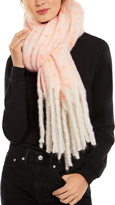 Photo 1 of DKNY Pop-Neon Speckled Scarf Orange and Cream Speck
Fabric: 100% polyester
Size: 96" L x 18 W (length includes fringes)