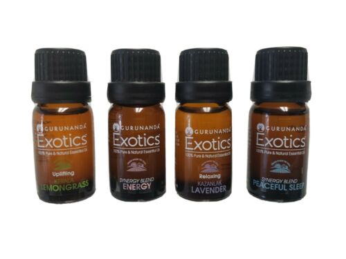 Photo 1 of 4 Bottles of GuruNanda Exotic Essential Oil Collection 10ML
100% PURE AND ORGANIC NATURAL OIL
1 Bottle of Synergy Blend ENERGY
1 Bottle of  LEMONGRASS
1 Bottle of LAVANDER
1 Bottle of PEACEFUL SLEEP