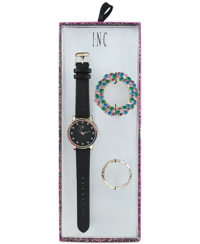 Photo 1 of I.N.C. Women's Black Faux Leather Strap 38mm Watch with Interchangeable Bezels