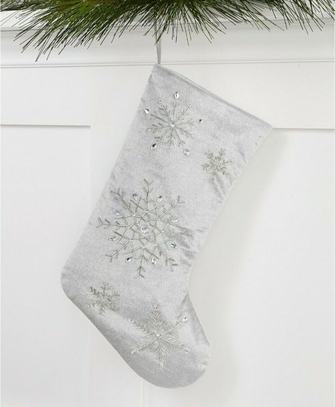 Photo 1 of Holiday Lane Gray Beaded Snowflake-Patterned Stocking 18"