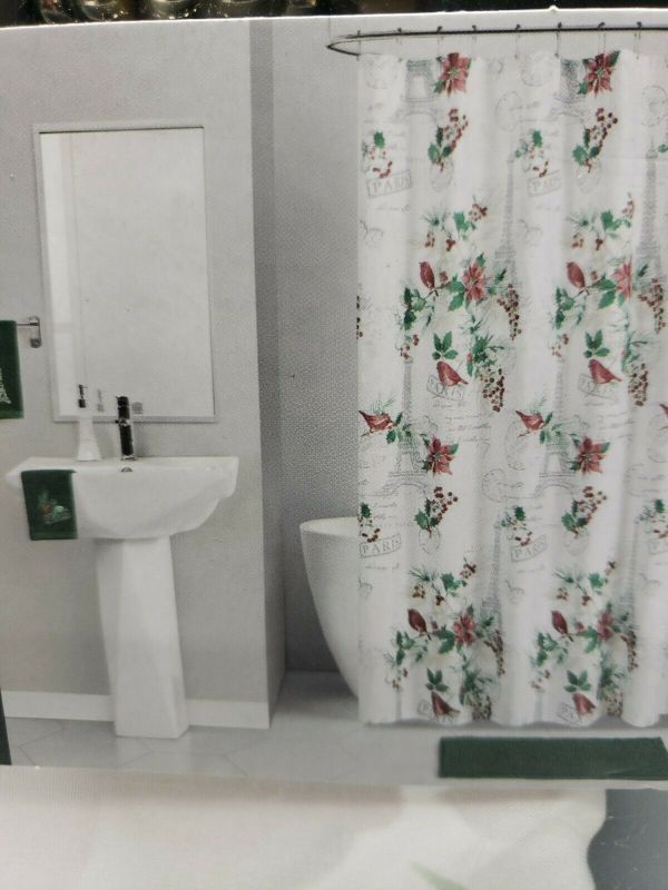 Photo 1 of VCNY Home HAPPY HOLIDAYS 17-piece Bath Set Shower curtain, rollerball hooks, rug, soap/lotion pump, 2 hand towels and reusable gift box.