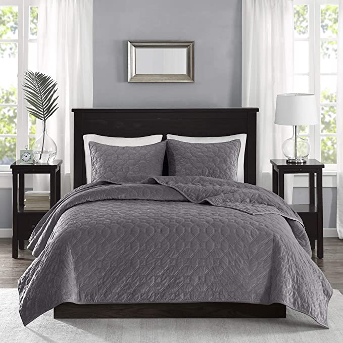 Photo 1 of Madison Park Harper Quilt Set-Faux Velvet Casual Geometric Stitching Design All Season, Lightweight Coverlet, Cozy Bedding, Matching Shams, Full/Queen(90"x90"), Grey 3 Piece