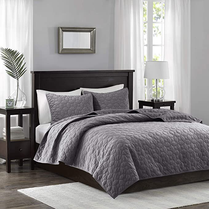 Photo 3 of Madison Park Harper Quilt Set-Faux Velvet Casual Geometric Stitching Design All Season, Lightweight Coverlet, Cozy Bedding, Matching Shams, Full/Queen(90"x90"), Grey 3 Piece