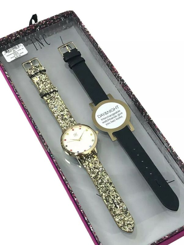 Photo 1 of INC By Macy's Yellow Glitter & Black Faux Leather Interchangeable Strap Watch 36mm Gift Box 