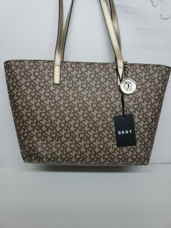 Photo 1 of DKNY Brown Gold Bryant Signature Print Tote Bag