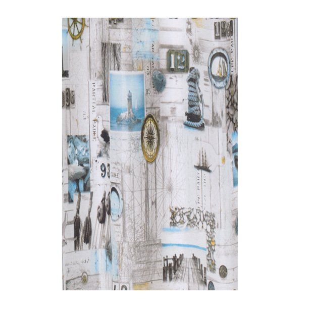 Photo 3 of Bon Voyage fabric shower curtain features a nautical theme.
70 x 72 inches. Standard size.
Pattern features lighthouses, ships, ship wheels, compasses, anchors and more.