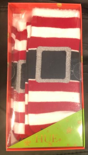 Photo 2 of HUE 2-pack Footsie Socks Gift Box Santa Buckle Naughty Nice Stripe Black NEW
