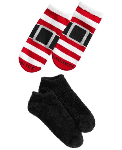 Photo 1 of HUE 2-pack Footsie Socks Gift Box Santa Buckle Naughty Nice Stripe Black NEW