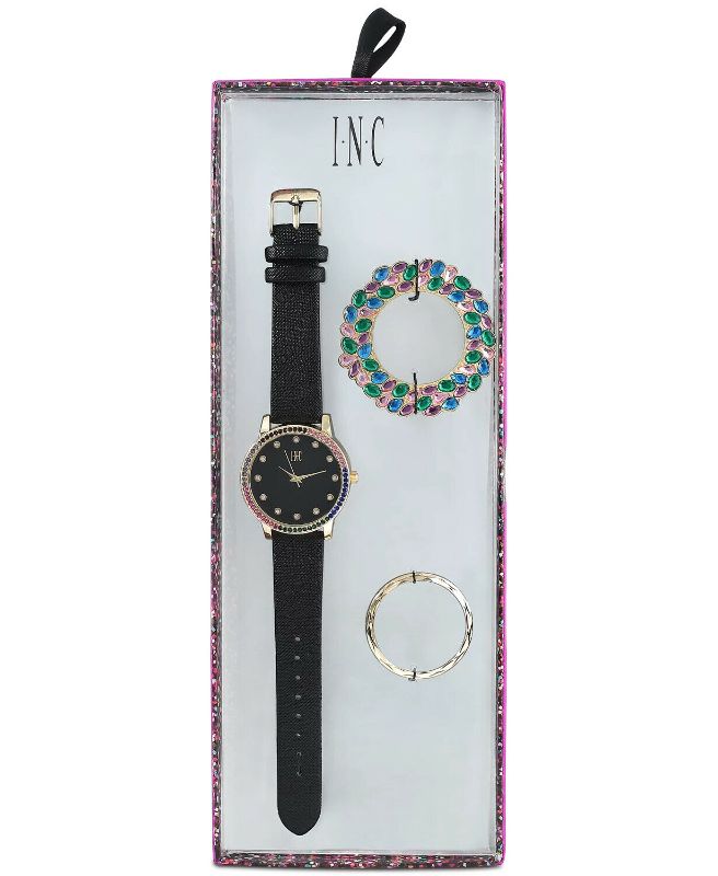 Photo 2 of INC Black Faux Leather Strap Watch 36mm Gift Box Brand New · Faux Leather