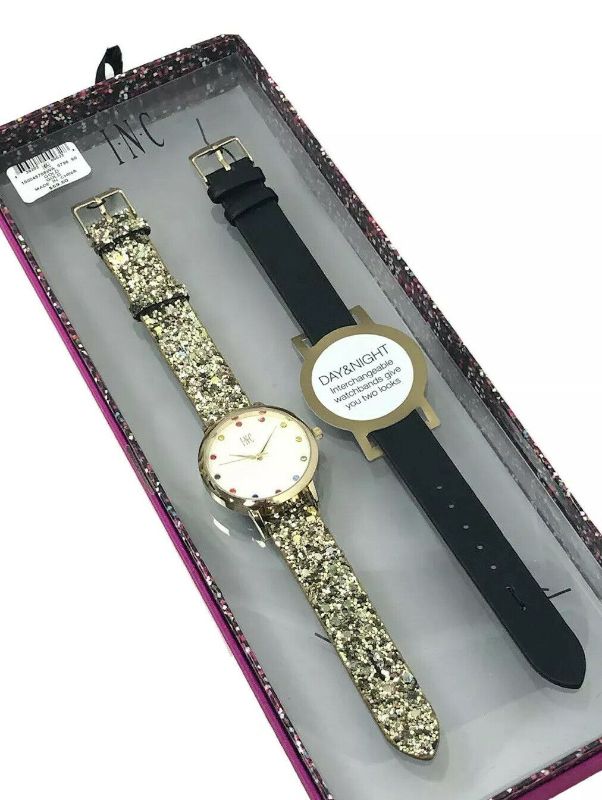 Photo 2 of INC By Macy's Yellow Glitter & Black Faux Leather Interchangeable Strap Watch 36mm Gift Box