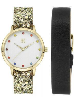 Photo 1 of INC By Macy's Yellow Glitter & Black Faux Leather Interchangeable Strap Watch 36mm Gift Box