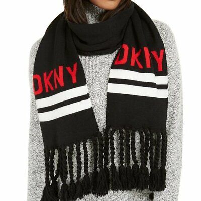 Photo 1 of DKNY logo stadium tassel women's winter scarf - BLACK / RED