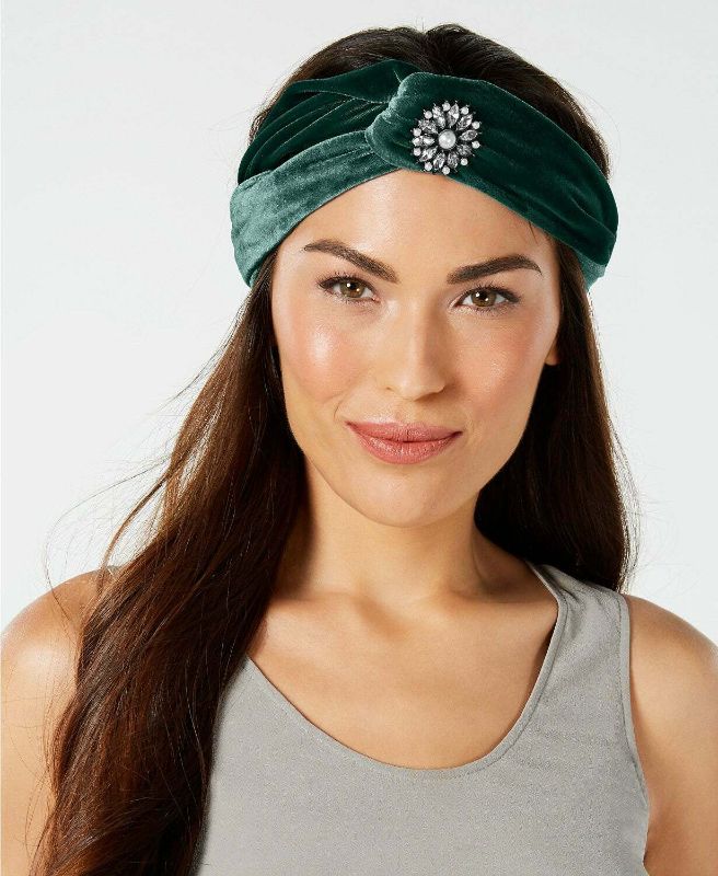 Photo 1 of I.N.C. Women's Emerald Green Velvet Jeweled Headband Turban Hair