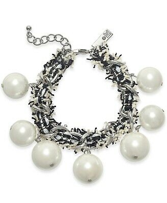 Photo 1 of I.N.C. Women's Silver-Tone Imitation Pearl Fabric-Weaved Flex Bracelet