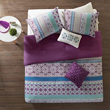 Photo 2 of Twin/Twin XL, Intelligent Design Cozy Comforter Set Casual Boho Pieced Design, Modern All Season Bedding Set with Matching Sham, 2 Decorative Pillow and a comforter,   4 Piece Purple