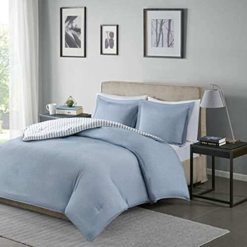 Photo 2 of King Madison Park Essentials Hayden REVERSIBLE 3-Pc. King/Cal King DUVET COVER Set. Give your bedroom a fresh update with the Hayden duvet cover set from Madison Park Essentials. Sporting a striped pattern, the duvet cover and shams reverse to a solid col