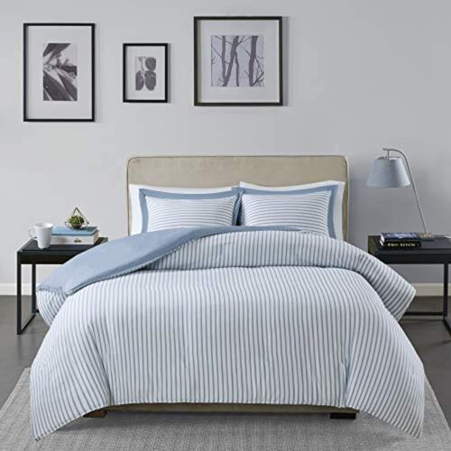 Photo 1 of King Madison Park Essentials Hayden REVERSIBLE 3-Pc. King/Cal King DUVET COVER Set. Give your bedroom a fresh update with the Hayden duvet cover set from Madison Park Essentials. Sporting a striped pattern, the duvet cover and shams reverse to a solid col