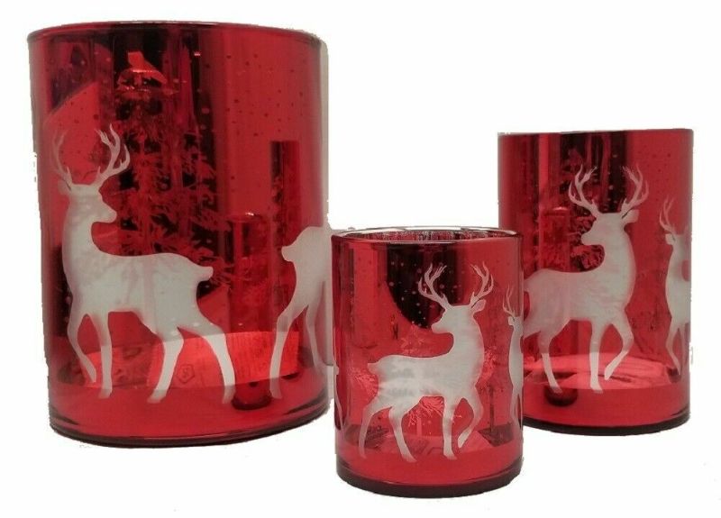 Photo 1 of KIRKLAND Festive Holiday Red Glass with Deer Candle Holders 3 Pack NIB