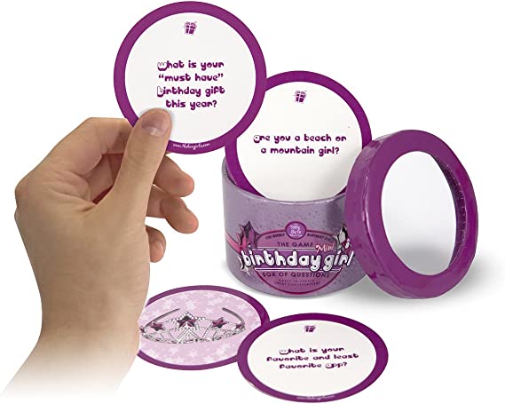 Photo 2 of Melissa & Doug Birthday Girl Box of Questions - Mini. 3 inch by 2 inch gift box with 42 glossy cards printed with box girl conversation starter questions
Break the Ice or bond with friends over engaging questions. Get the party started with questions like