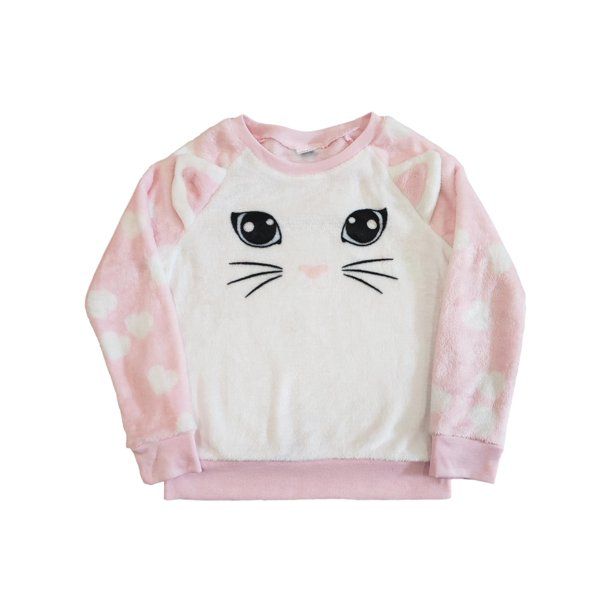 Photo 1 of Girls Pink & White Cat Face Heart Plush Long Sleeve Sweatshirt Pullover XL