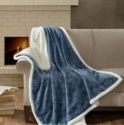 Photo 1 of Madison Park Blue Oversize Reversible 60x70" Embossed Faux Fur Sherpa Throw