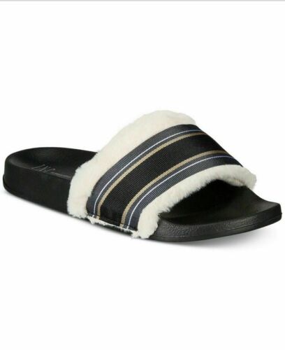 Photo 1 of INC Slippers SIZE XL 11/12 Faux-Fur Ribbon Varsity Slide Black Rubber Sole 