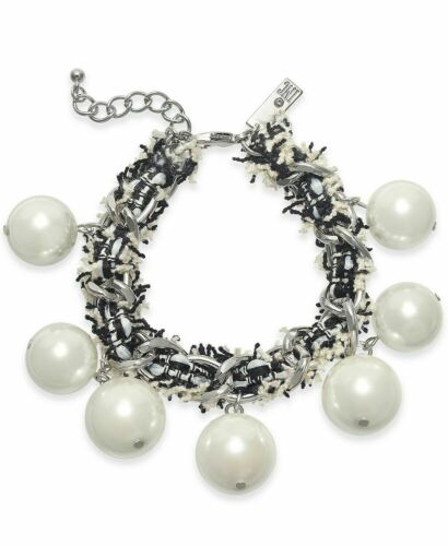 Photo 1 of  I.N.C. 57 Silver-Tone Imitation Pearl Fabric-Weaved Flex Bracelet