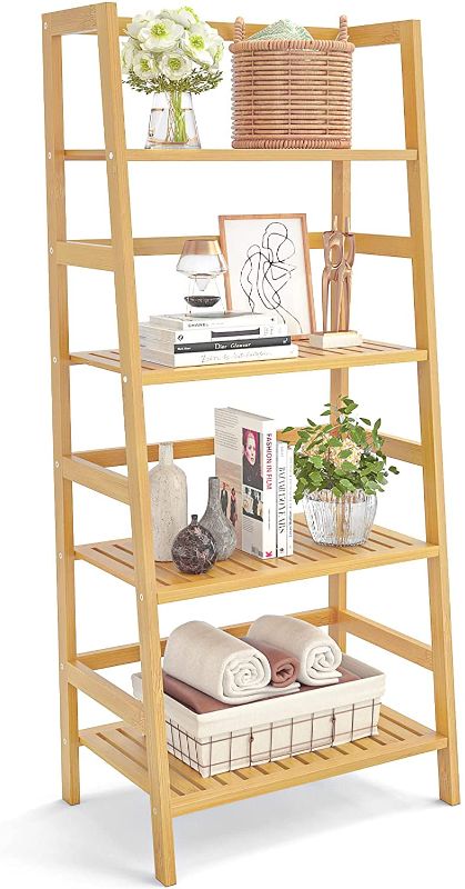 Photo 1 of Homykic Bamboo Ladder Shelf, 4-Tier Bathroom Shelves Bookshelf Bookcase Book Storage Plant Stand Rack Freestanding Floor for Home Bathroom, Living Room, Kitchen, Easy to Assemble, Natural
