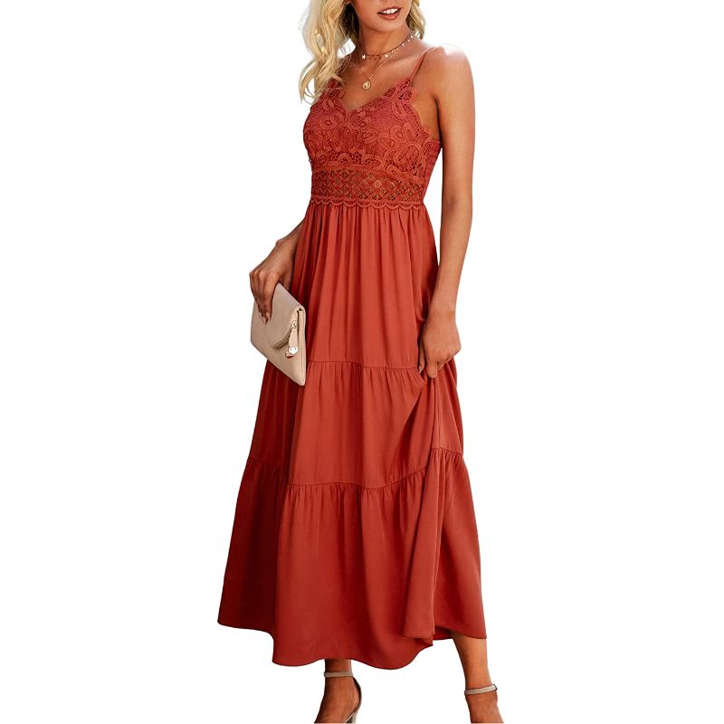 Photo 1 of Dokuritu Women's Beach Crochet Lace Maxi Dress Summer Spaghetti Strap Maxi Dress (M)