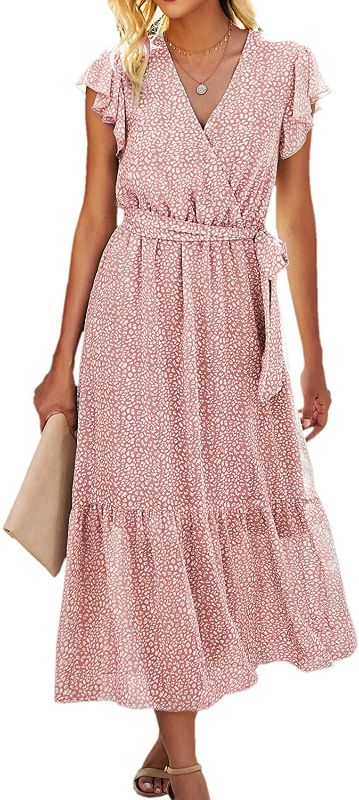 Photo 1 of Angashion Women’s Dresses Short Sleeve Wrap V Neck Ruffle Floral Printed Midi Dress with Belt (S)
