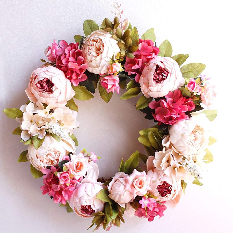 Photo 1 of  Wreath - 15 Inches, Peony Flower: Decorative Artificial Flower Wreath, Faux Floral Wreath for Front Door Window Wedding Outdoor Indoor - Round, Pink & White
