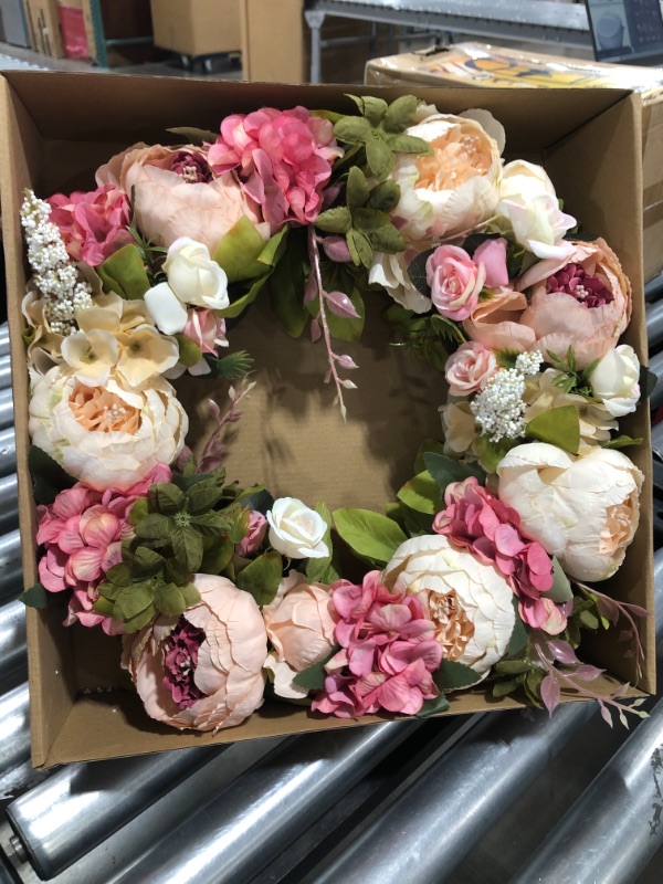 Photo 2 of  Wreath - 15 Inches, Peony Flower: Decorative Artificial Flower Wreath, Faux Floral Wreath for Front Door Window Wedding Outdoor Indoor - Round, Pink & White
