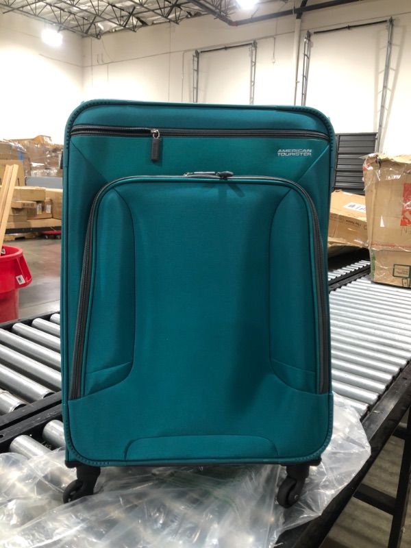 Photo 2 of American Tourister 4 Kix Expandable Softside Luggage with Spinner Wheels, Teal, Checked-Medium 25-Inch
