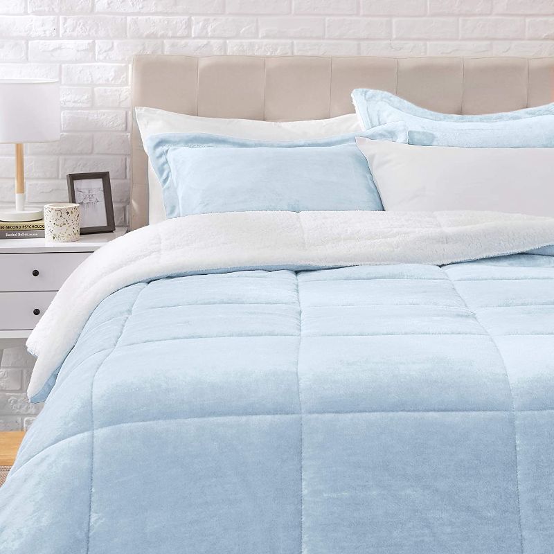 Photo 1 of Amazon Basics Ultra-Soft Micromink Sherpa Comforter Bed Set - Smoke Blue, Full/Queen
