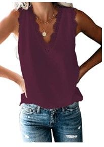 Photo 1 of HARHAY Women's V Neck Lace Trim Casual Tank Tops Sleeveless Blouses Shirts I Size Large