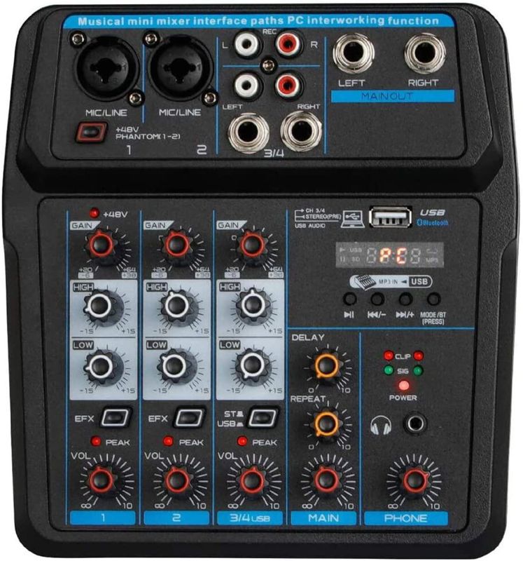 Photo 1 of Depusheng U4 Portable Mini Mixer 4 Channel Audio DJ Console with Sound Card, USB, 48V Phantom Power for PC Recording Singing Webcast Party