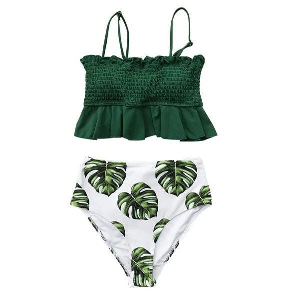 Photo 1 of Green Leaf Print High-Waisted Bikini Set Size Large