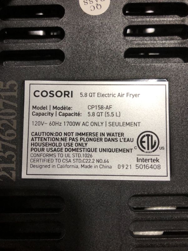 Photo 3 of Cosori Air Fryer,Max XL 5.8 Quart,1700-Watt Electric Hot Air Fryers Oven