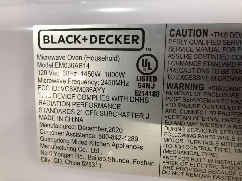 Photo 1 of BLACK+DECKER EM036AB14 Digital Microwave Oven with Turntable Push-Button Door, Child Safety Lock, 1000W, 1.4 cu.ft, Stainless Steel
