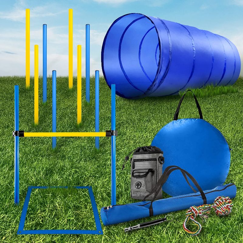 Photo 1 of CHEERING PET Dog Agility Training Equipment, 28 Piece Dog Obstacle Course, Training and Interactive Play Includes Dog Tunnel, Adjustable Hurdles, Poles, Whistle, Rope Toy with Carrying Case
