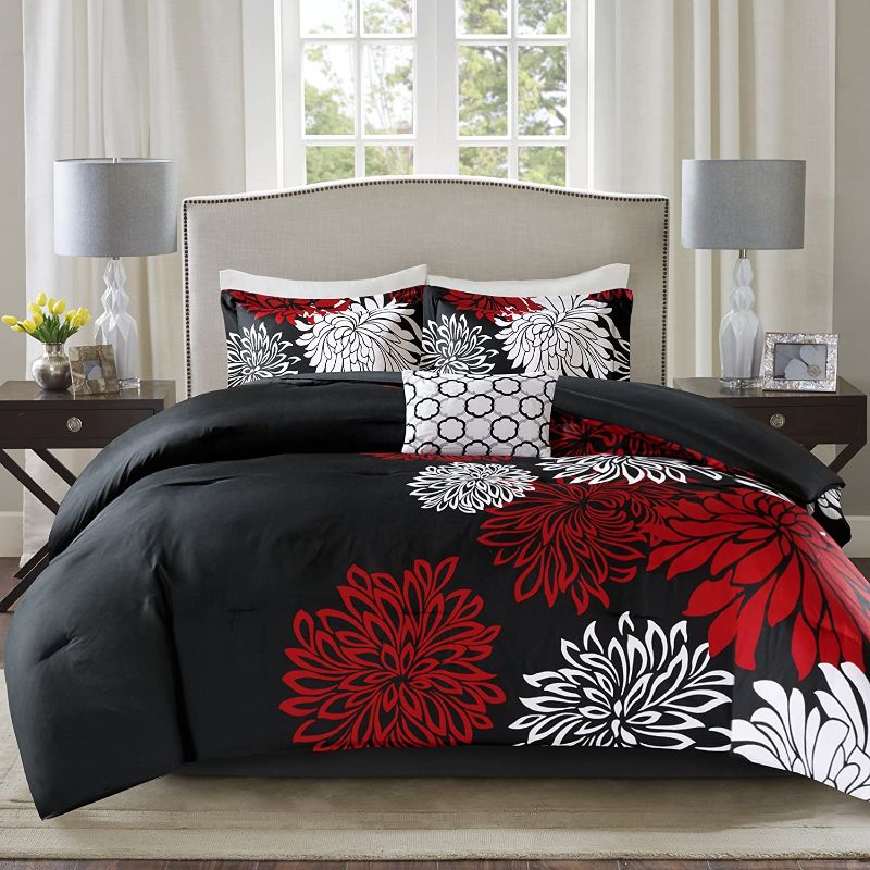 Photo 1 of Comfort Spaces Enya Comforter Set-Modern Floral Design All Season Down Alternative Bedding, Matching Shams, Bedskirt, Decorative Pillows, Queen(90"x90"), Red/Black
